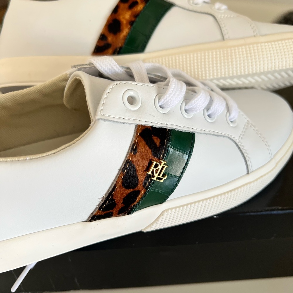 Ralph Lauren White and Green Sneakers with Leopard Detail